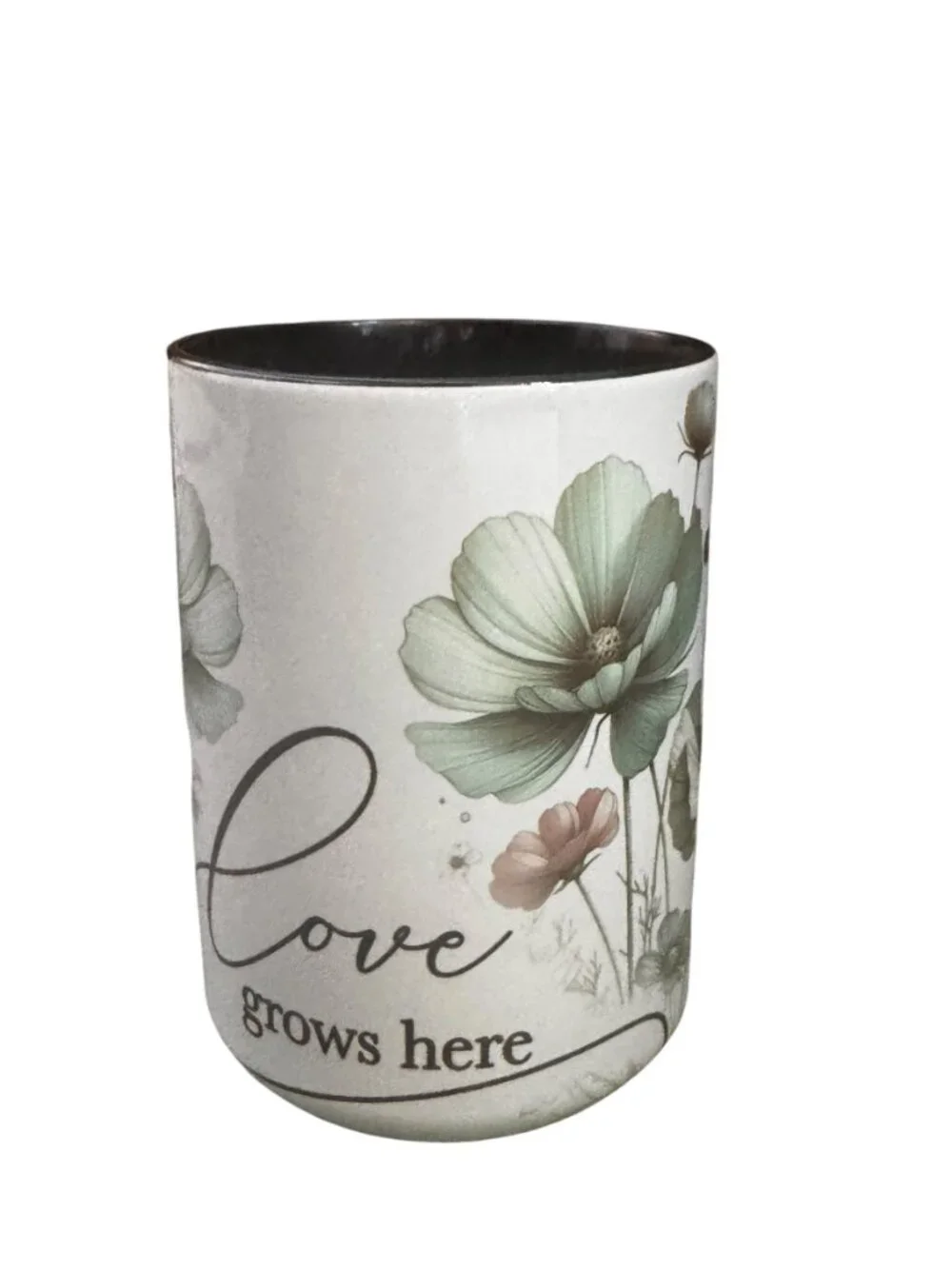 Love Grows Here Floral Ceramic Coffee Mug, Black Interior